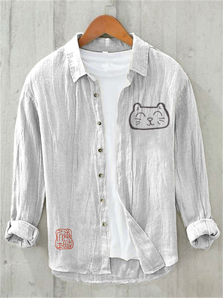 Japanese Art Cat Print Cozy Cotton Linen Shirt elevenforest