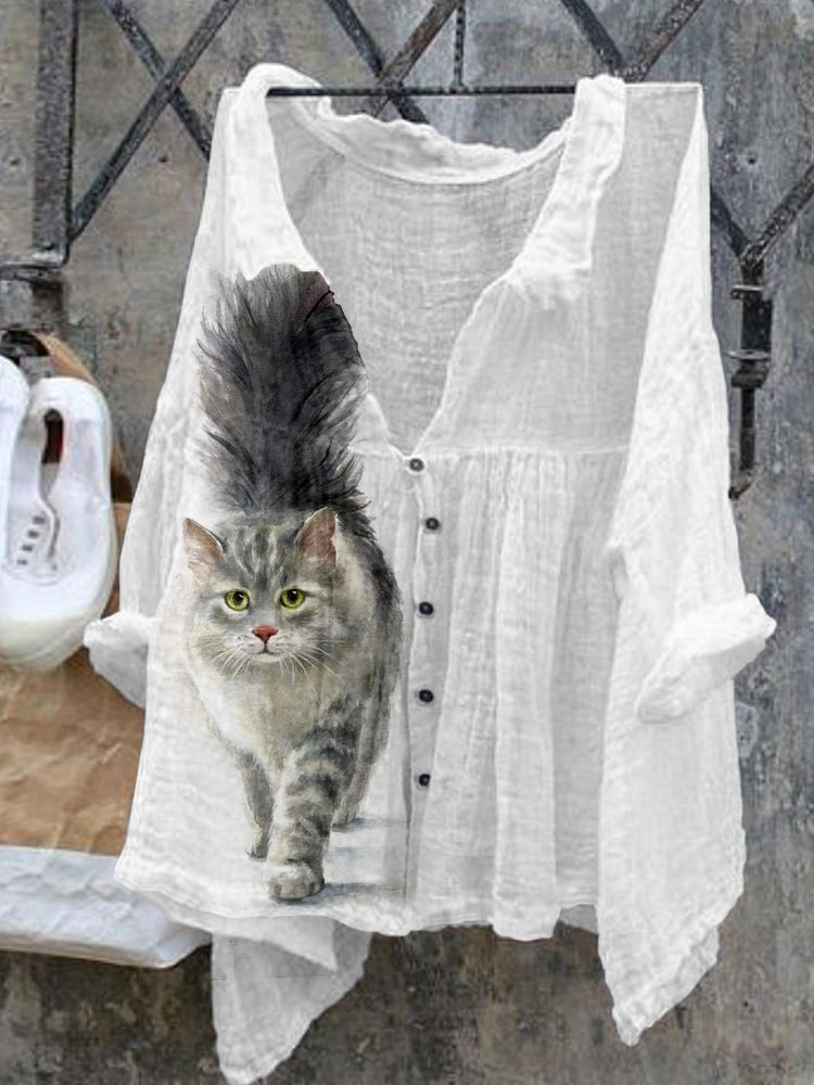 Cute Cat Art Pattern Linen Blend Cozy Shirt elevenforest