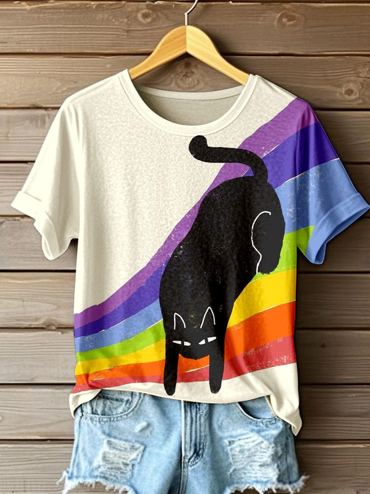 Women's Cute Cat Rainbow Print T-shirt elevenforest