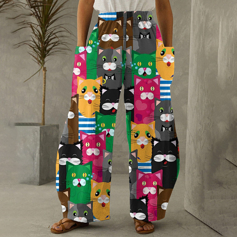 Colorful Cat Print Women's Casual Pants elevenforest