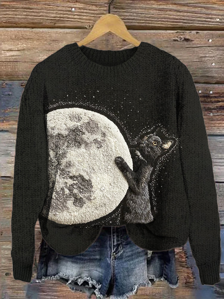 Moon Cat 3d Embroidery Women's Cozy Sweater elevenforest