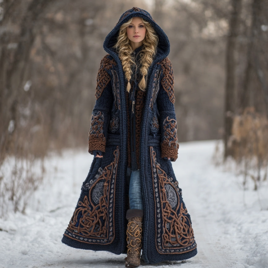 Women's Vintage Viking Celtic Knot Knit Long Sweater Jacket artswardrobe