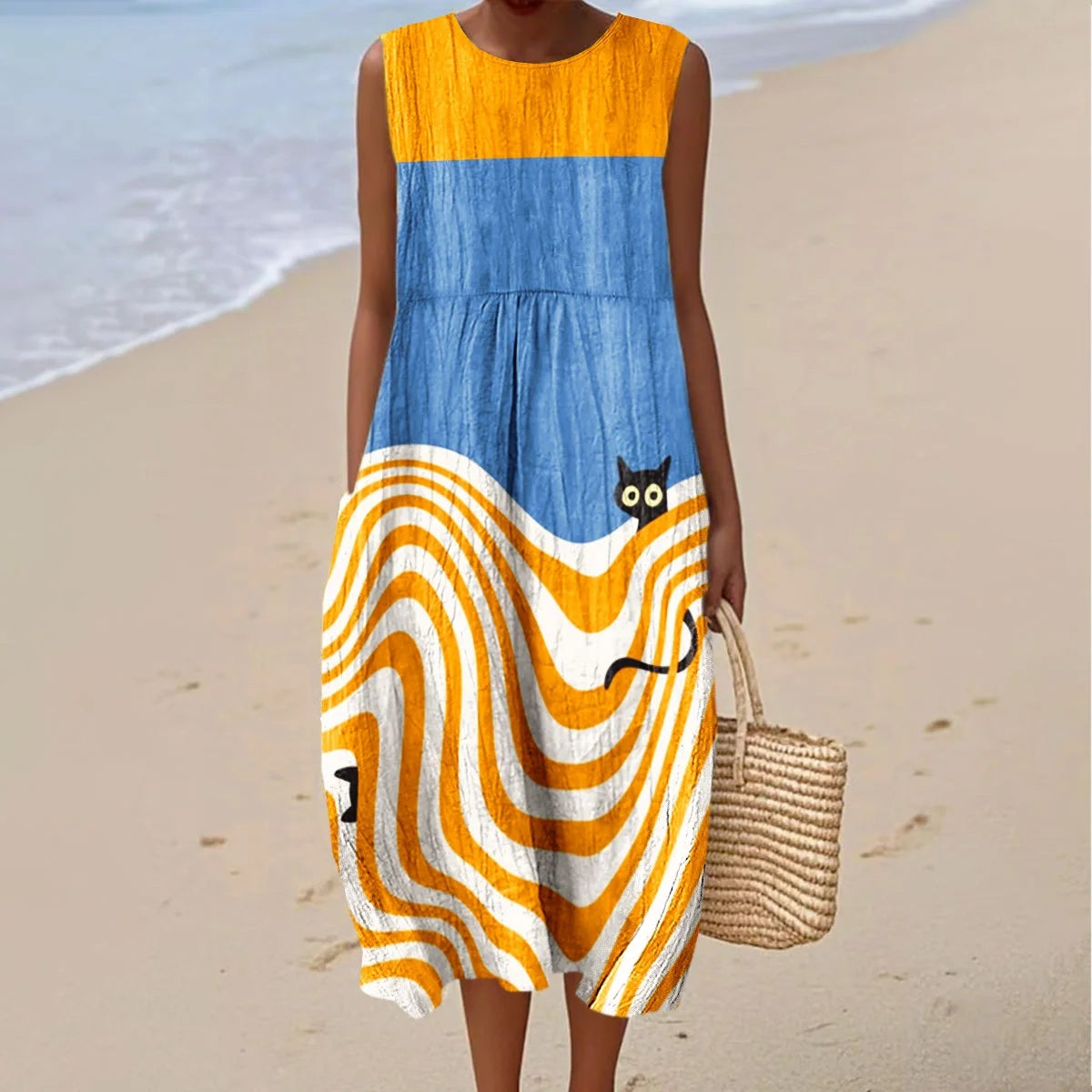 Women's Vintage Abstract Geometric Cat Art Linen Midi Dress elevenforest