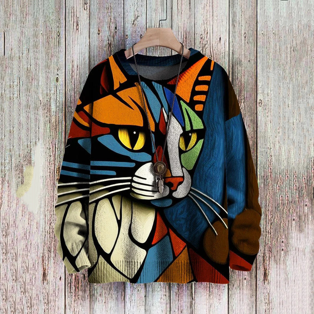 Abstract Art Cat Multicolor Print Casual Pullover Knitted Sweater elevenforest