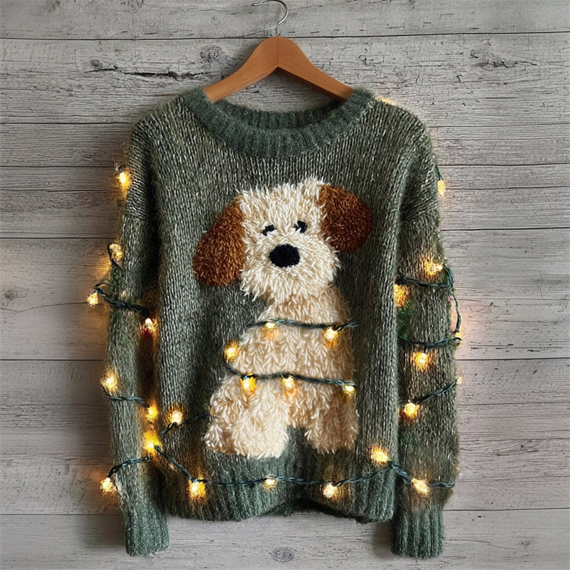 Lovely Fuzzy Dog & Christmas Lights Cozy Knit Sweater artswardrobe