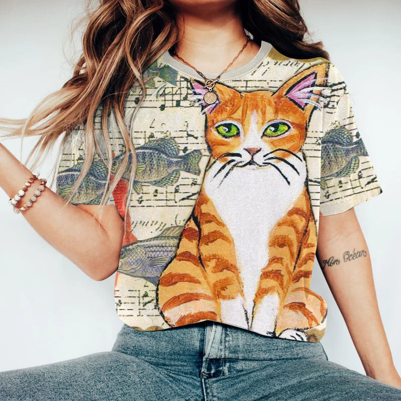 Retro Musical Notes And Fish Cat Poster Print Women'S T-Shirt elevenforest