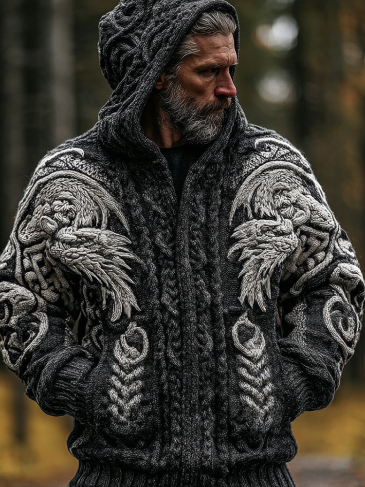 Men's Viking-style Winter Warm Hooded Knitted Sweater Coat artswardrobe