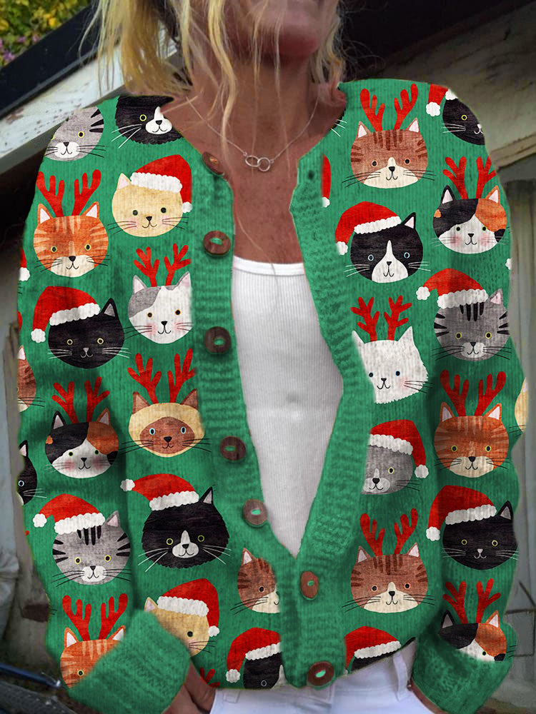 Christmas Cat Print Women's Cozy Sweater Cardigan elevenforest