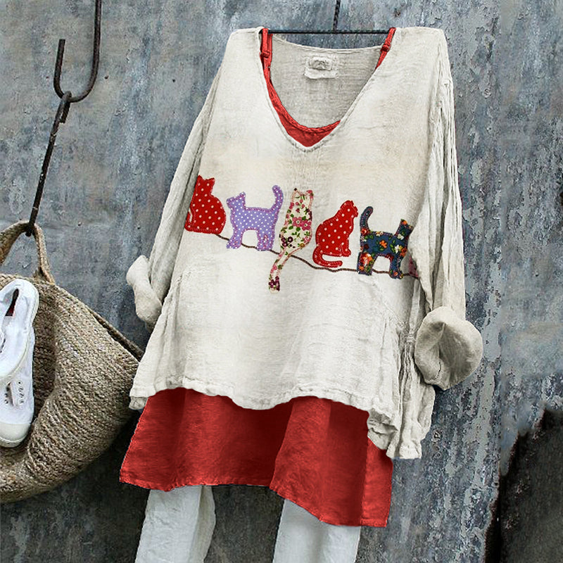 Cats Silhouette Floral & Polka Dots Patchwork Linen Tunic elevenforest