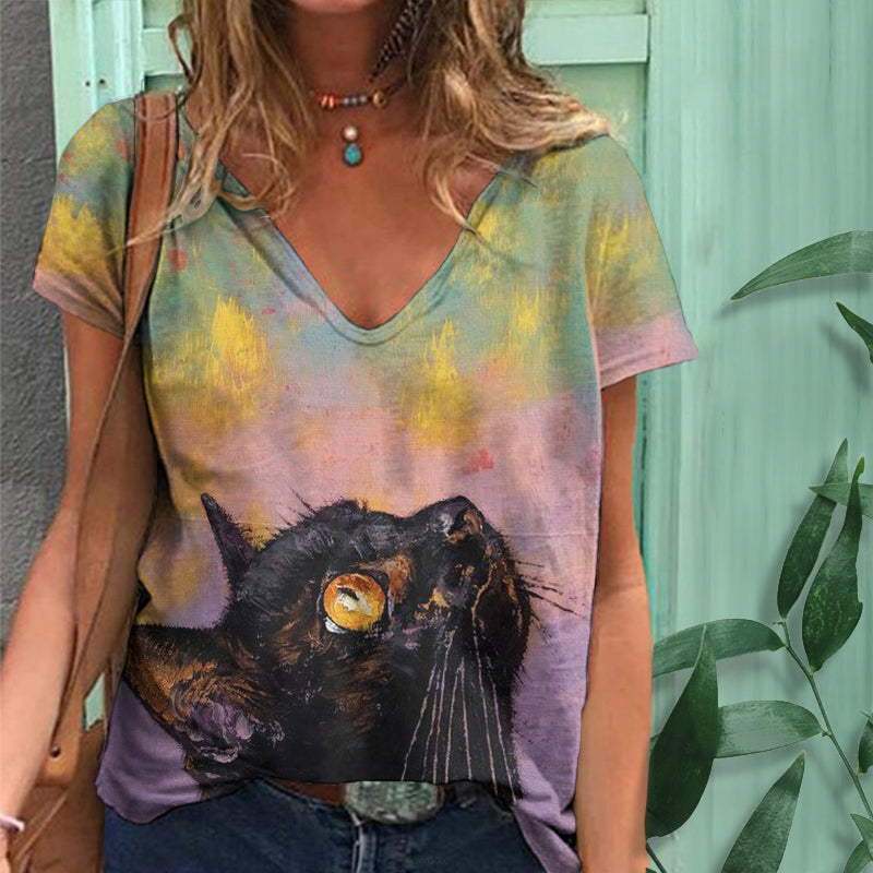 Women's Black Cat In Oil Painting Print V-neck T-shirt elevenforest