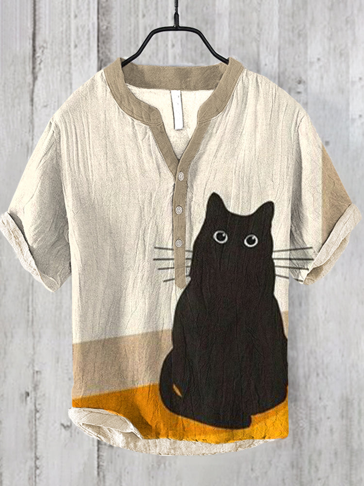 Japanese Black Cat Print Men's Linen V-Neck Shirt elevenforest