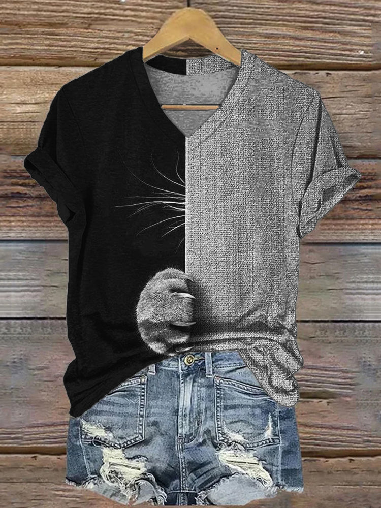 Peeking Cat Fuzzy Paw Contrast V Neck T Shirt elevenforest
