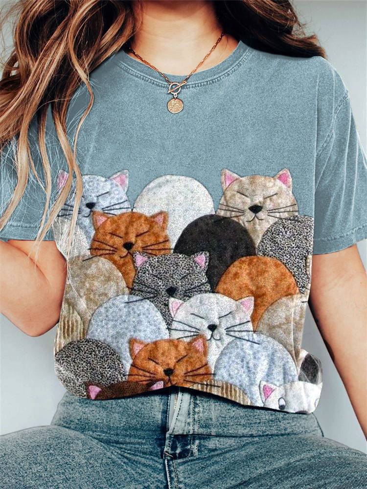 Cute Cats Patchwork Art Washed T-Shirt elevenforest