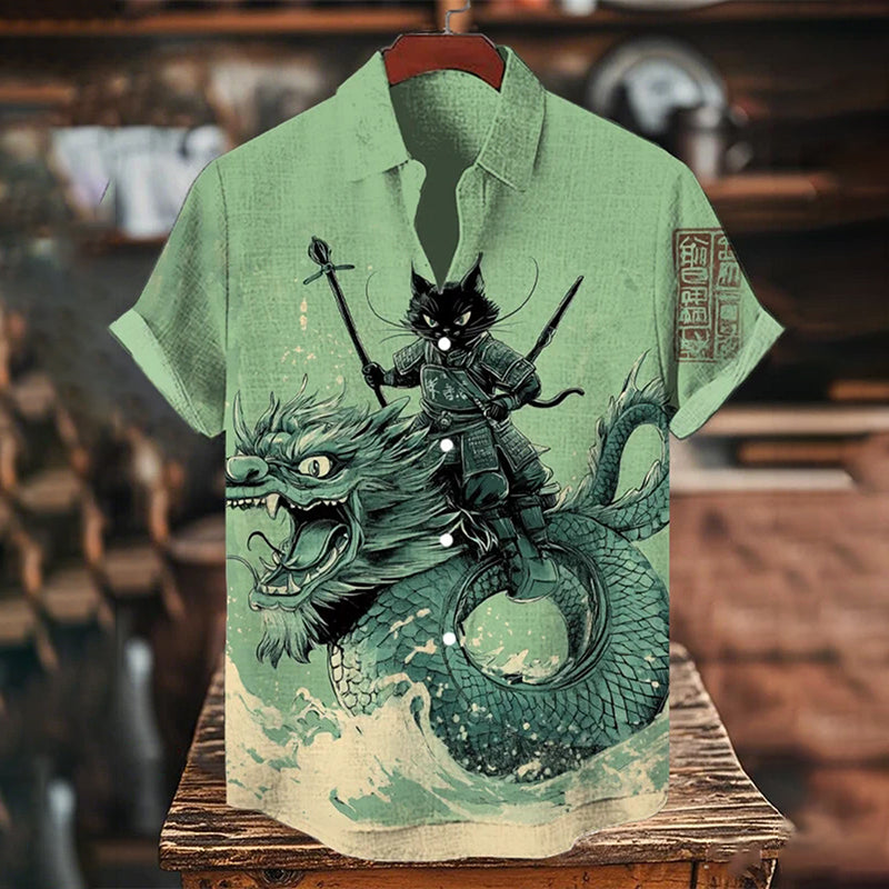 Men's Black Cat Samurai And Dragon Print Short Sleeve Shirt elevenforest
