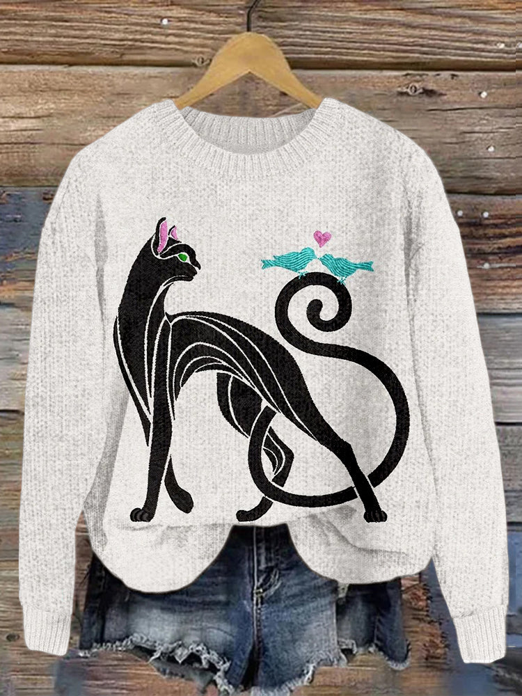 Cat & Birds Embroidery Crew Neck Cozy Sweater elevenforest