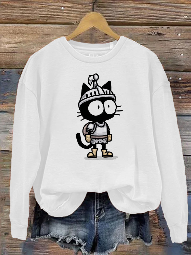 Funny Armor Little Black Cat Round Neck Long Sleeve Sweatshirt elevenforest