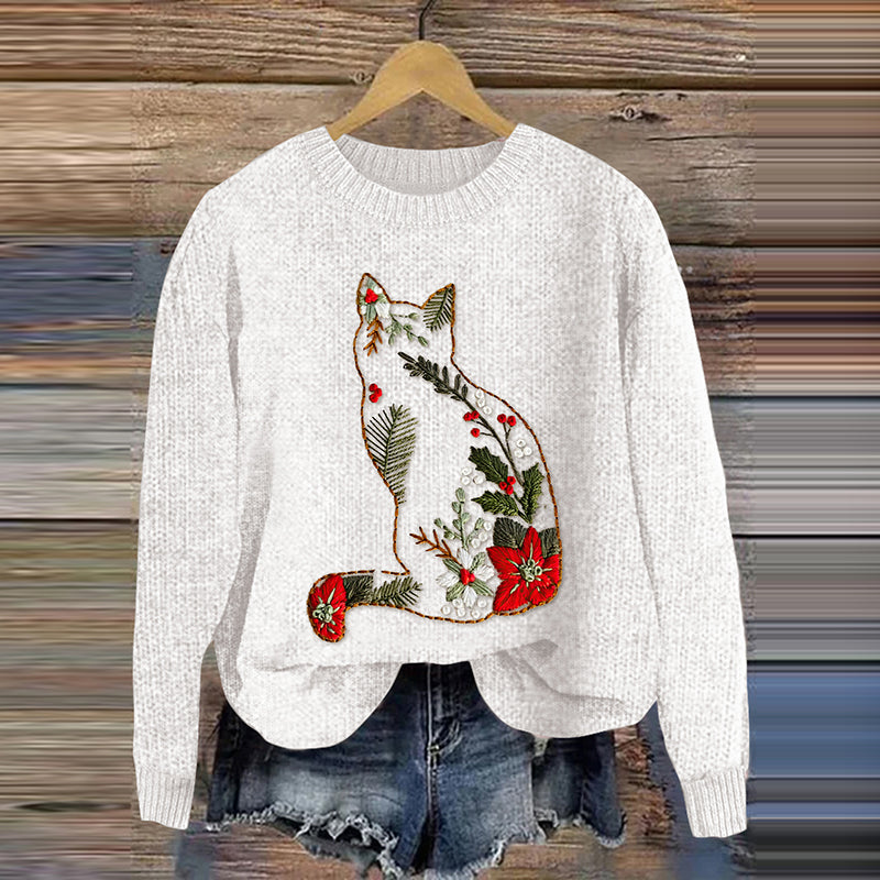 Women's Floral Cat Embroidery Art Cozy Sweater elevenforest