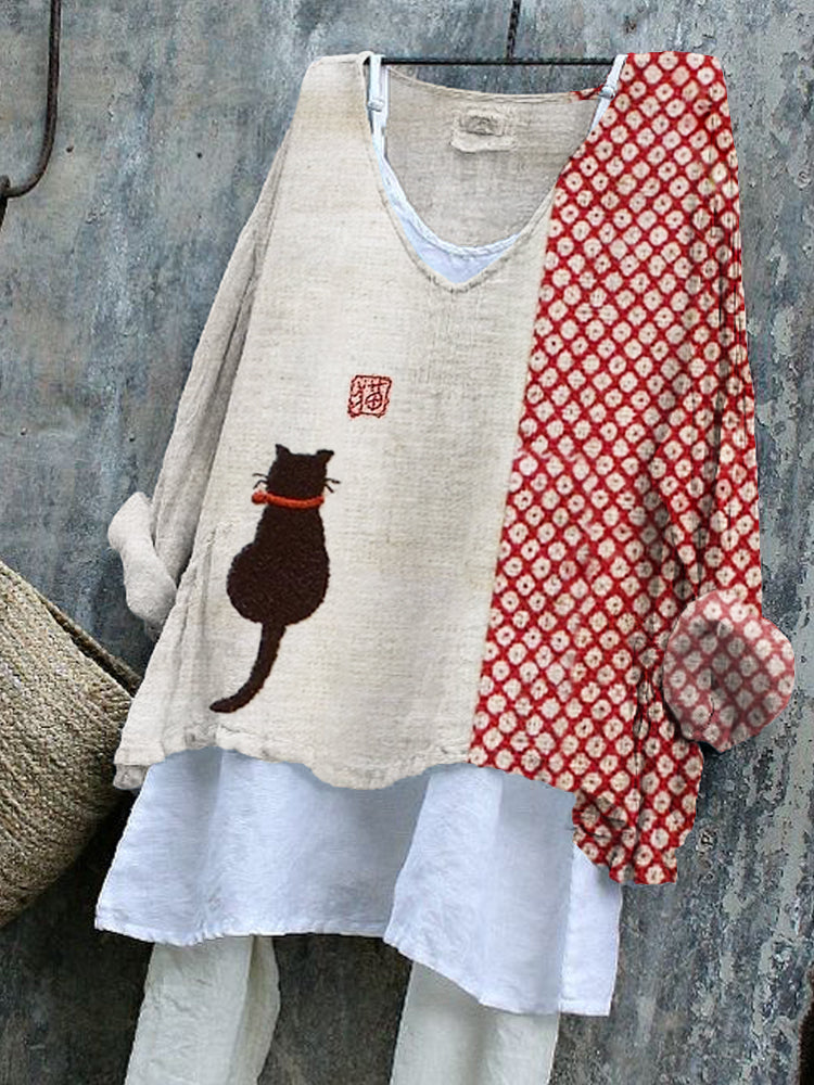 Black Cat Japanese Embroidered Contrast Patchwork Linen Blend Tunic elevenforest