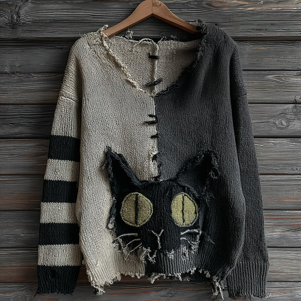 Halloween Green-eyed Black Cat Patchwork Knitted V-neck Sweater elevenforest