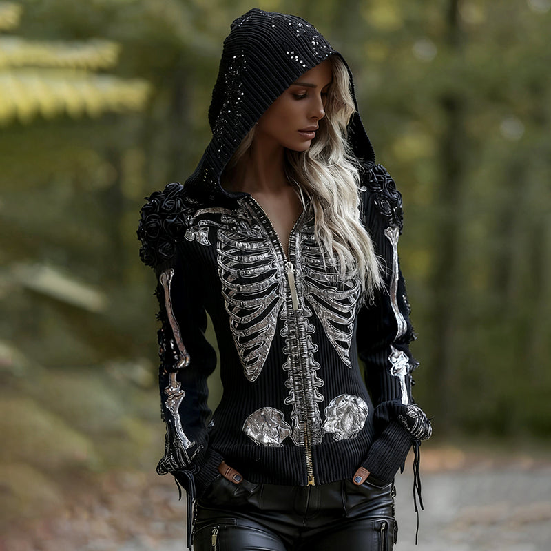 Women's Vintage Skeleton Rose Gothic Art Zipper Knit Hooded Sweater artswardrobe