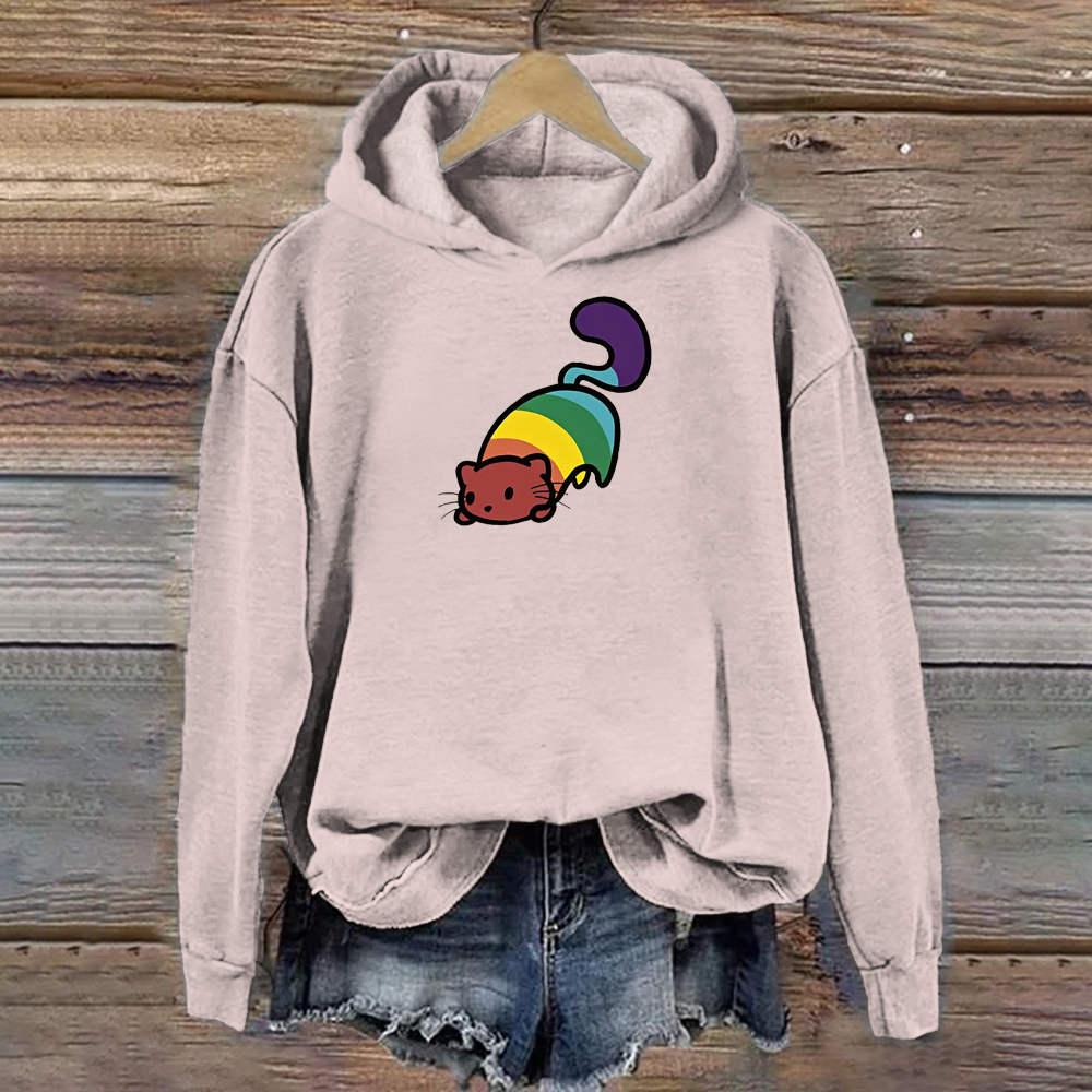 Fun Rainbow Cat Print Casual Hooded Sweatshirt elevenforest
