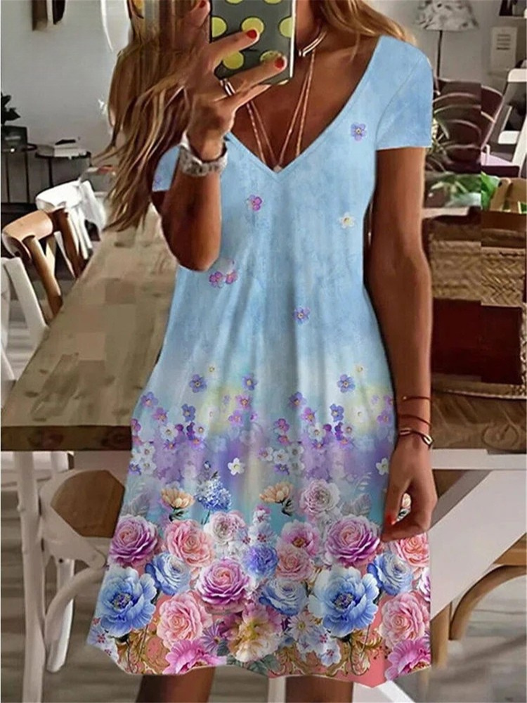 LD Women's Sundress Midi Dress Short Sleeve Floral Print Summer Casual V Neck Loose Dresses Plus Size 2024 Dameskleding Vestidos