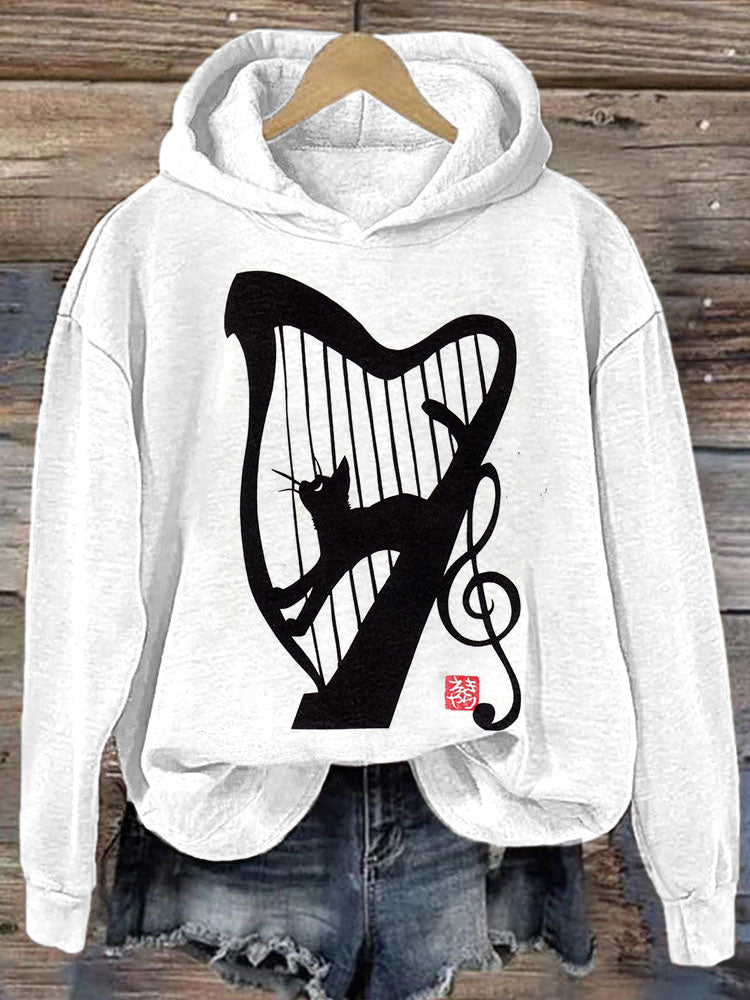 Cat & Harp Print Casual Cozy Hoodie elevenforest