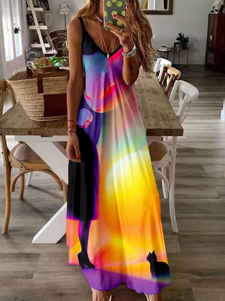 Whimsical Cat & Girl Art V Neck Cami Maxi Dress elevenforest