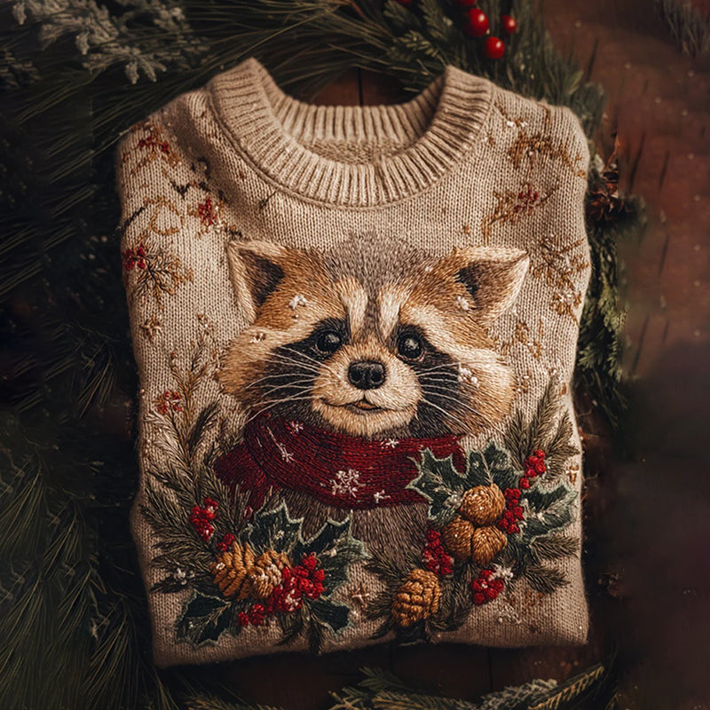 Christmas Holly Flower Raccoon Art Print Knit Sweater artswardrobe