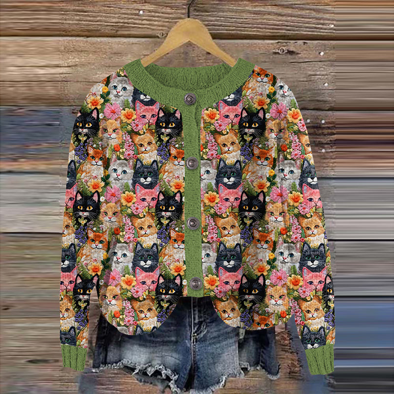 Cute Cats Floral Embroidered Crew Neck Cozy Cardigan elevenforest