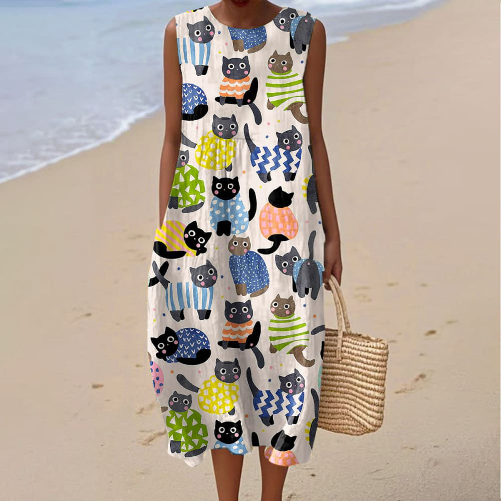 Women's Vintage Floral Cat Art Print Sleeveless Wrap Dress elevenforest