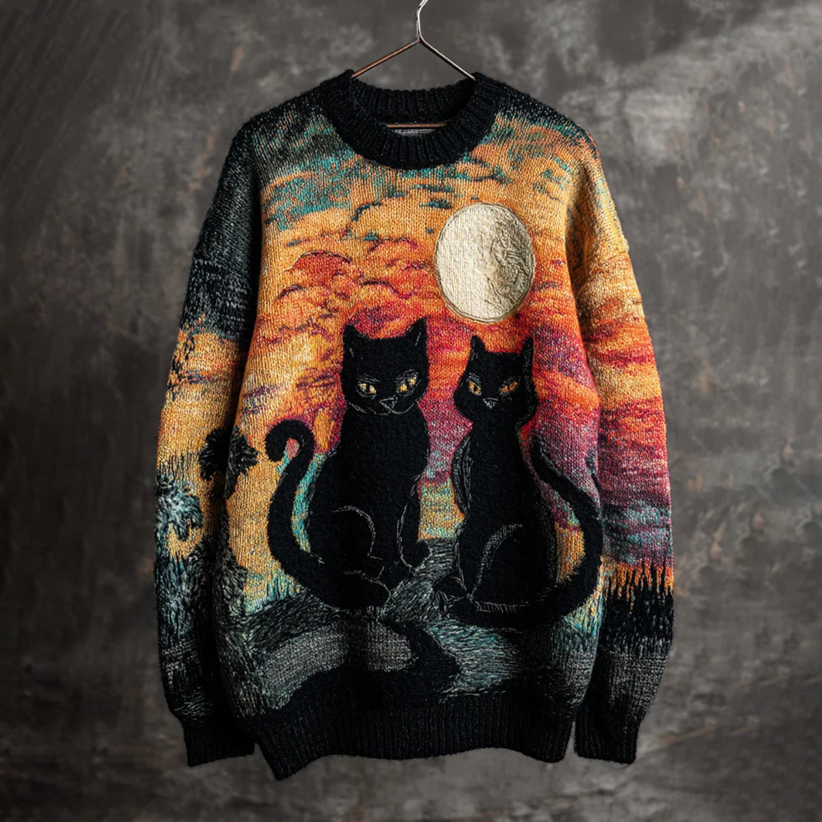 Vintage Halloween Black Cat Art Print Knit Pullover Sweater elevenforest