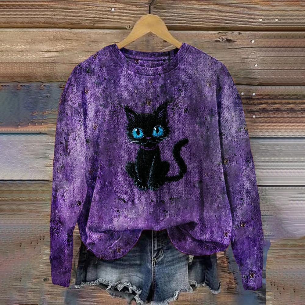 Halloween Blue-eyed Cat Purple Dirty Round Neck Sweater elevenforest