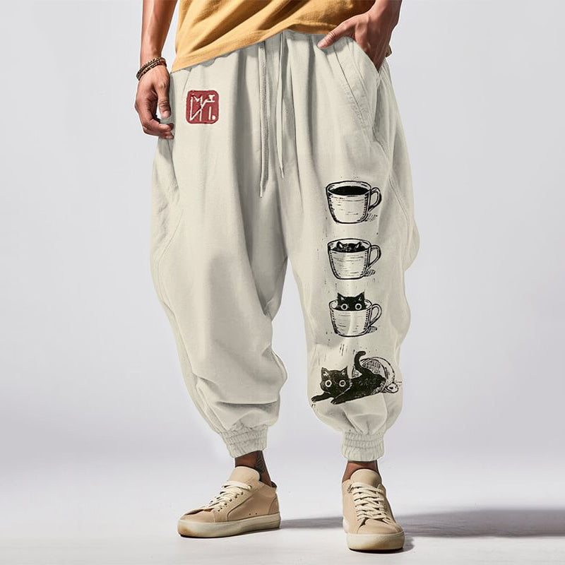 Japanese Art Cup Cat Print Casual Loose Drawstring Waist Sweatpants elevenforest