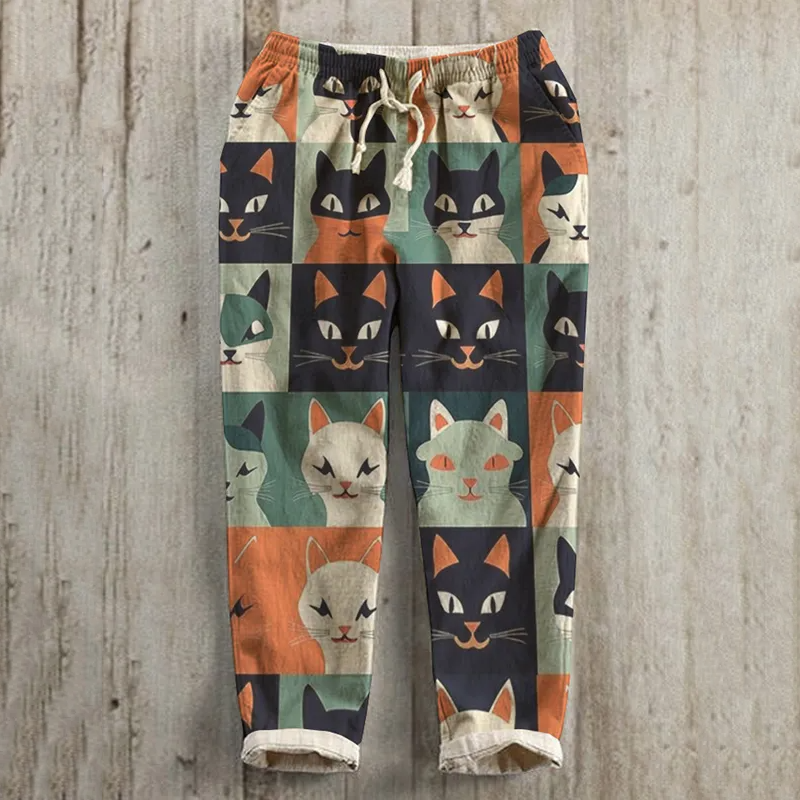 Men's Color Block Cat Print Elastic Waist Casual Track Pants elevenforest