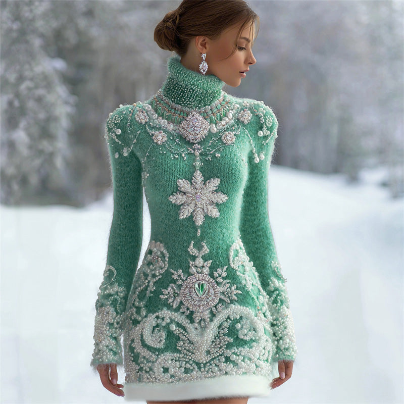 Classy Christmas Snowflakes Jewel Art Cozy Turtleneck Sweater Dress artswardrobe