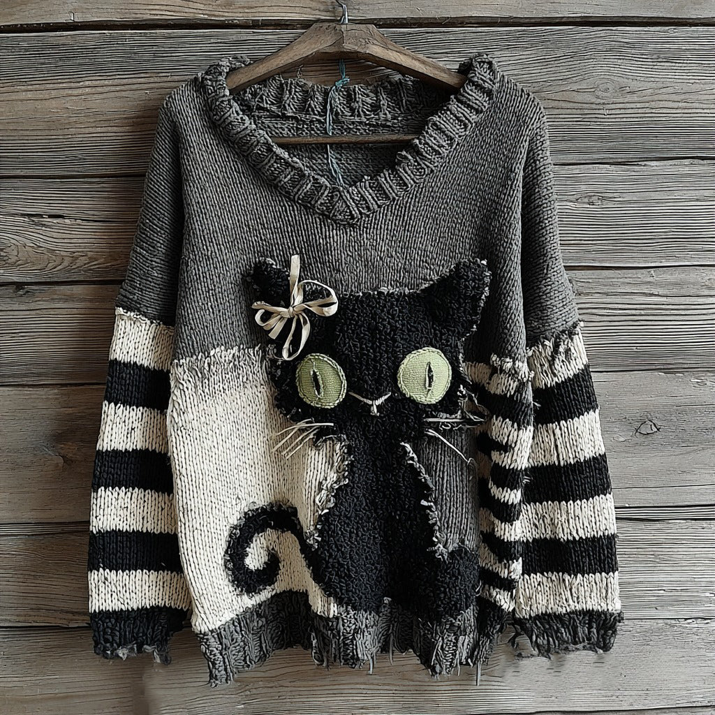 Halloween Black Cat Striped Patchwork Knitted V-neck Sweater elevenforest