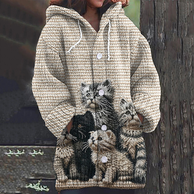 Women's Vintage Button Down Cute Cat Pocket Cozy Sweater elevenforest