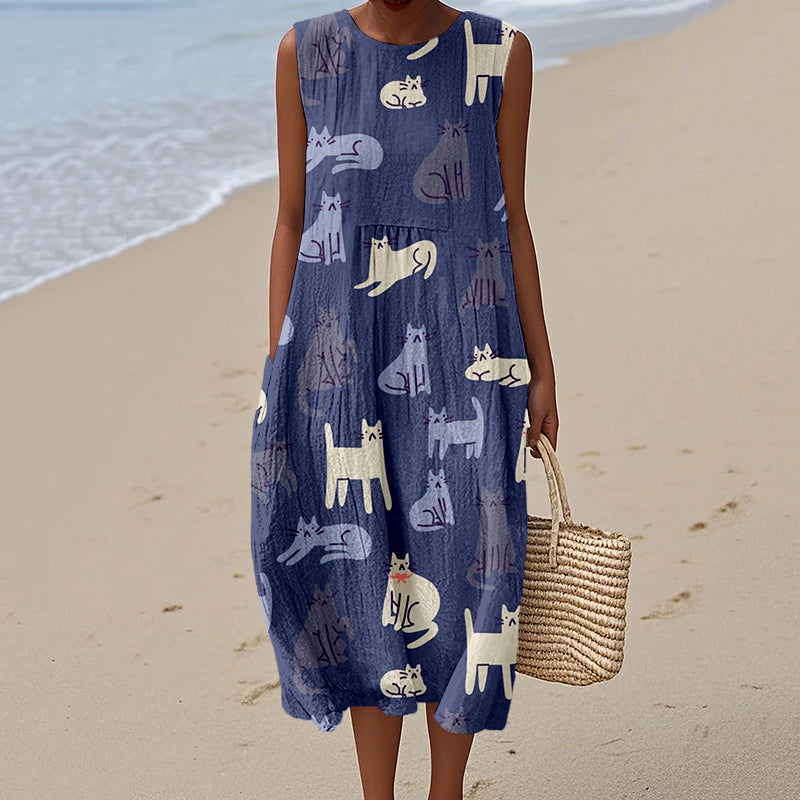 Lovely Cats Pattern Print Linen Tank Dress elevenforest