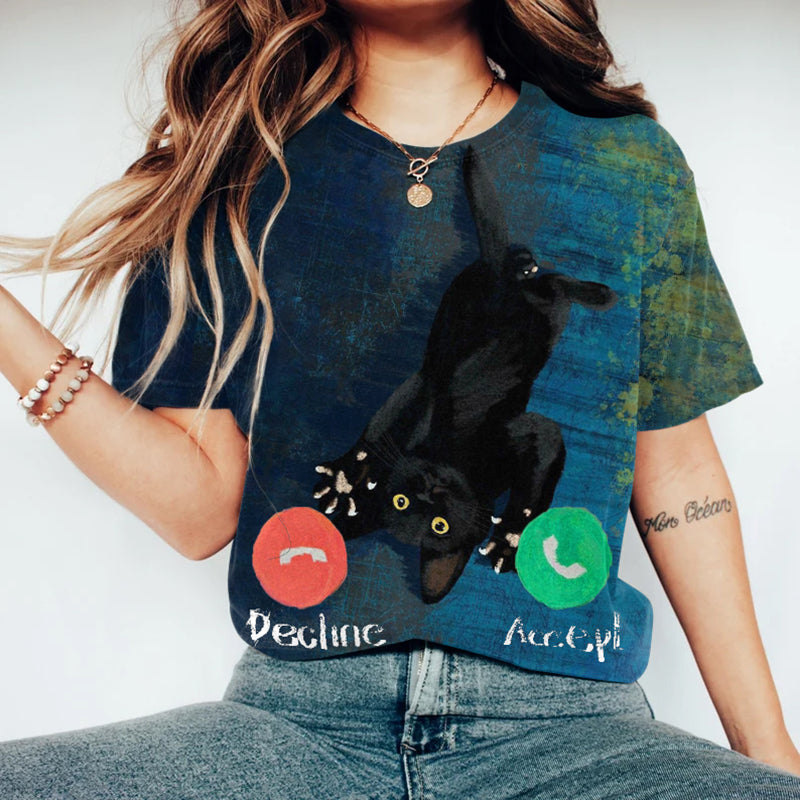 Women's Abstract Creative Cute Black Cat Calling Art Print T-shirt elevenforest