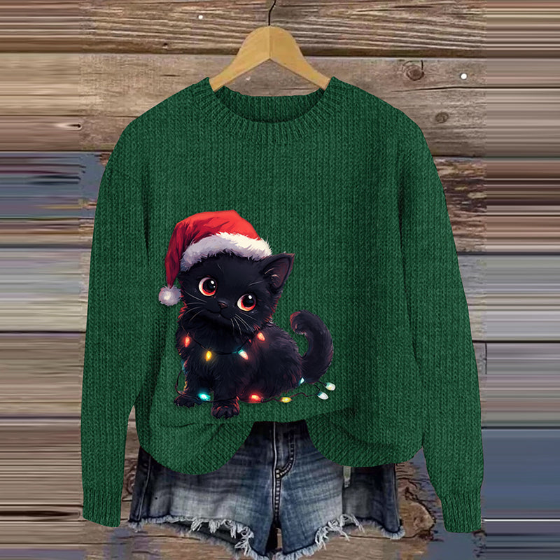 Christmas Cat Print Knitted Cozy Sweater elevenforest