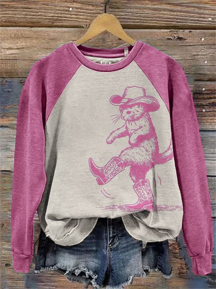 Lovely Cat Cowboy Contrast Color Raglan Sweatshirt elevenforest
