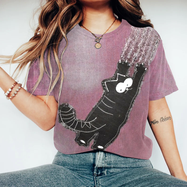 Retro Fun Lovely Black Cat Applique Art Crewneck Cozy T Shirt elevenforest