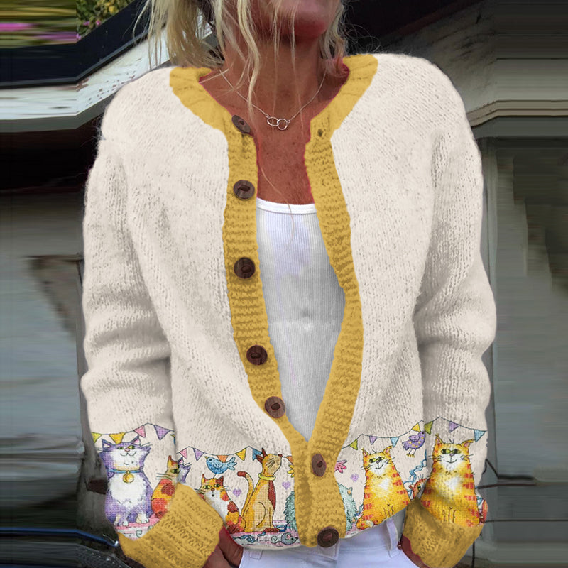 Vintage Iceland Party Cat Knitted Jacquard Women's Cardigan Sweater elevenforest