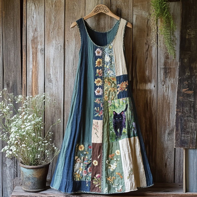 Women's Retro Black Cat Art Sleeveless Maxi Dress elevenforest