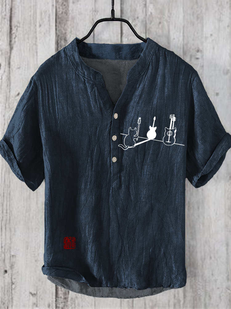 Guitar Cat Print Men's Linen V-Neck Shirt elevenforest