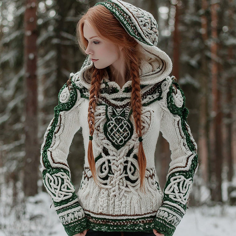 Women's Vintage Celtic Knot Patchwork Knitted Hooded Sweater artswardrobe