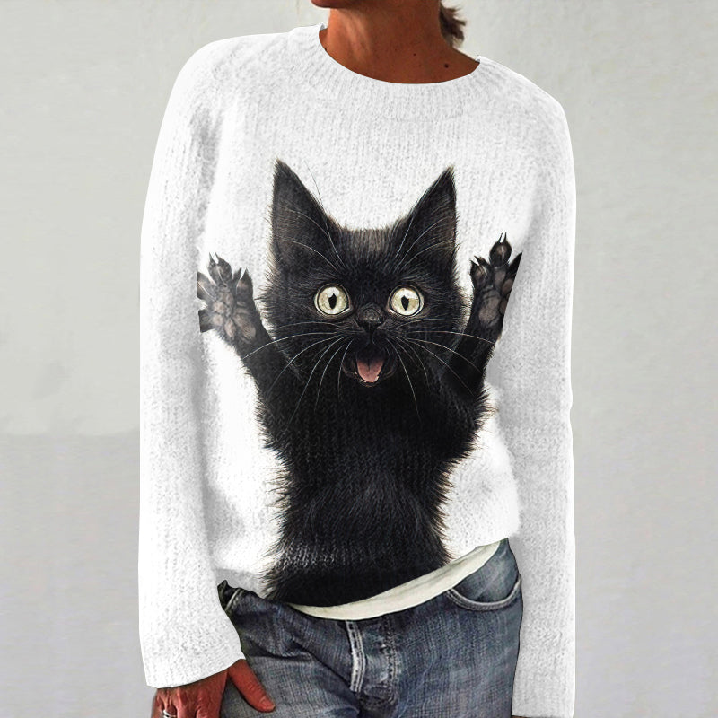 Vintage Cute Black Cat Cozy Crew Neck Sweater elevenforest