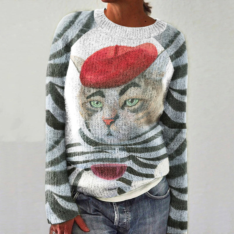 Striped Gentleman Cat Print Women's Sweater elevenforest