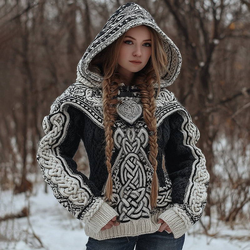 Women's Vintage Viking Celtic Knot Jacquard Hooded Sweater artswardrobe